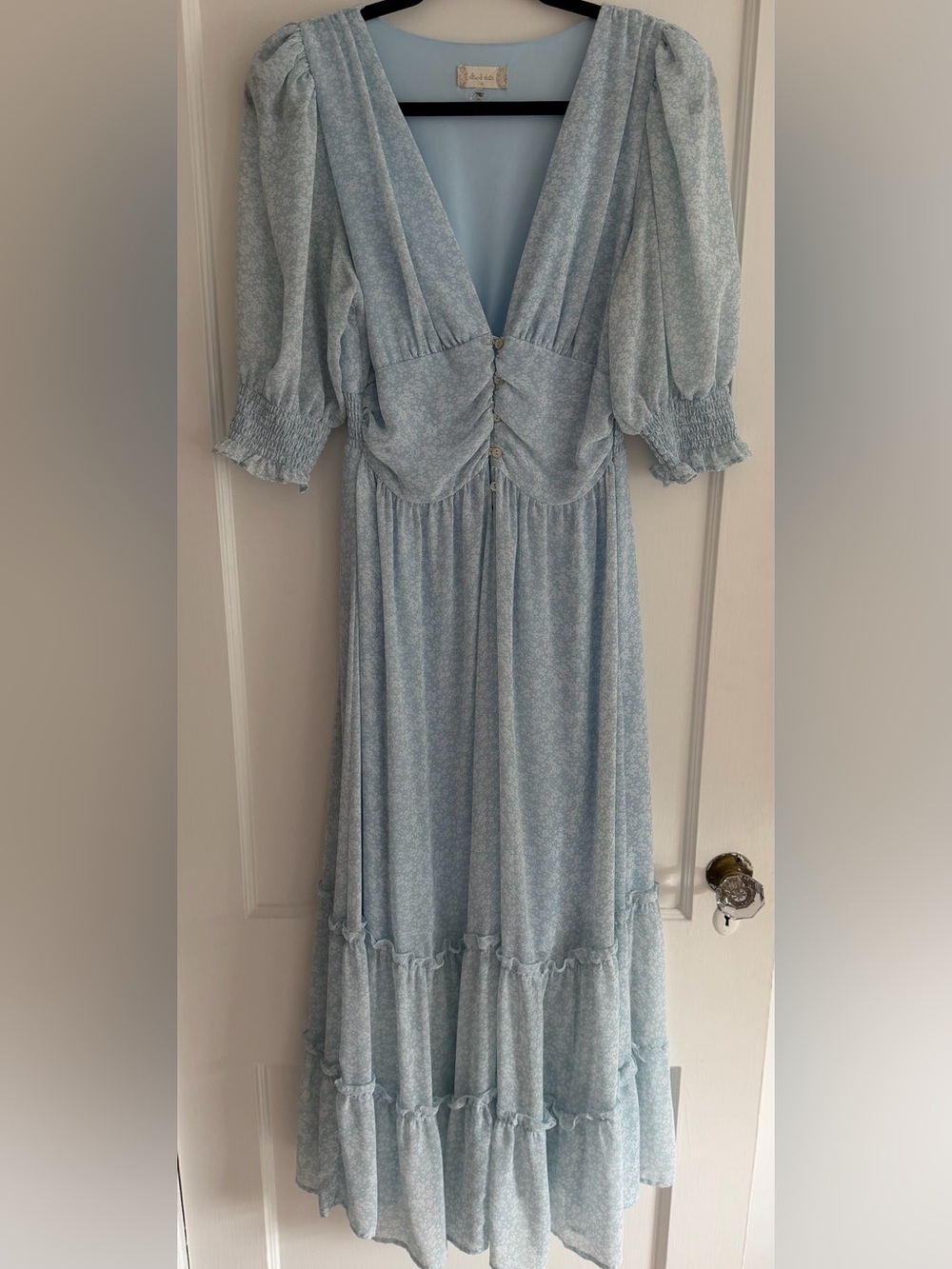 Altar'd State Powder Blue Floral Maxi Dress with Button Bodice